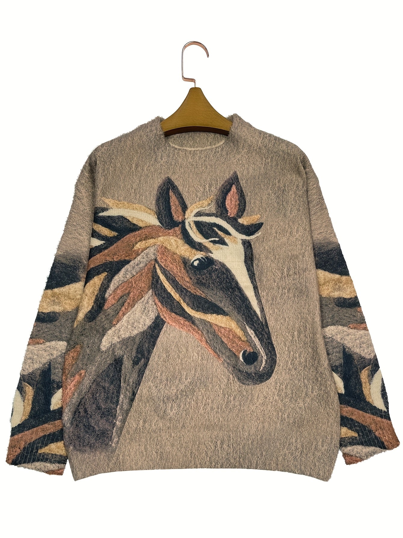 [All-Over Print] [Thick] [Sweater] All-Over Print Horse Pattern Thick, Casual Crew Neck Long Sleeve Sweater, Women's Clothing