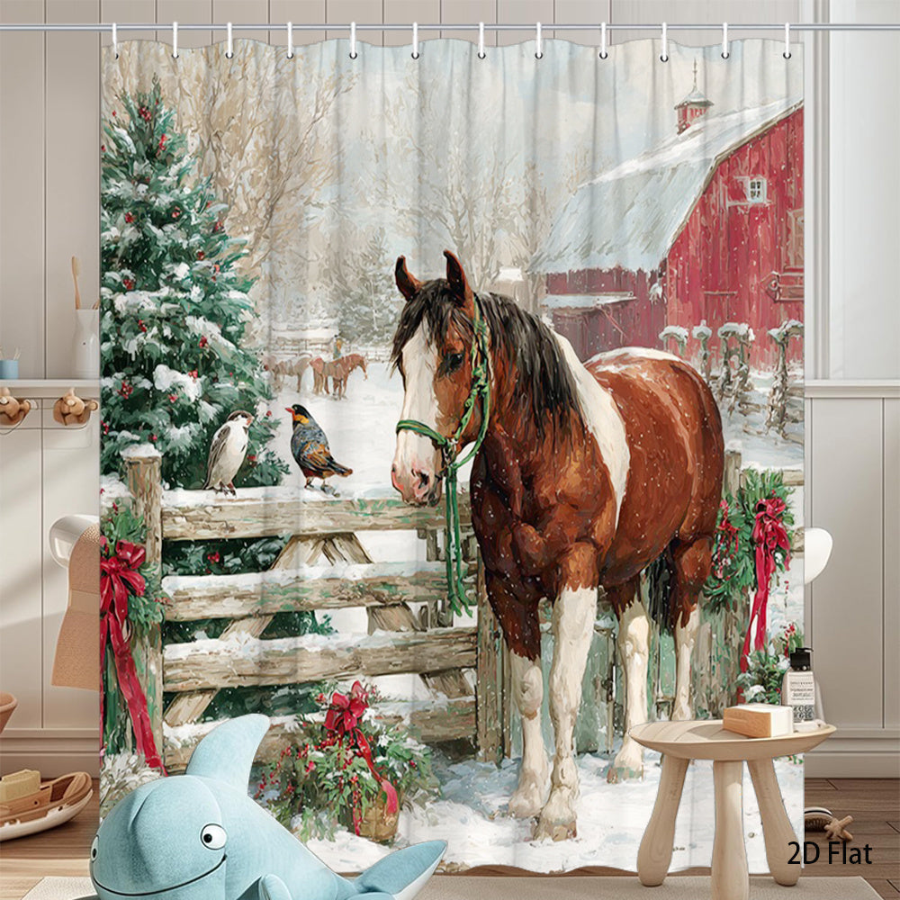 1pc Extra Long Christmas Horse and Barn Shower Curtain - Winter Farmhouse Bathroom Decor with Brown Horse, Red Barn & Snowy Landscape - Rustic Country Bathroom Window Treatment - Machine Washable Polyester Fabric Bath Curtain