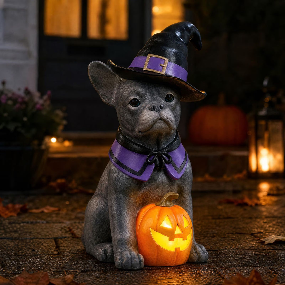 Witch Dog Halloween Decoration: Illuminated French Bulldog Pumpkin Statue for Outdoor and Garden Use, Ideal Halloween Gift