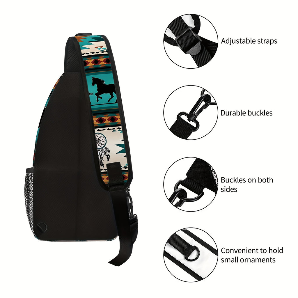 Totem Style Horse Pattern Print Casual Sling Bag, Men's And Women's Crossbody Bag For Travel & Daily Commute