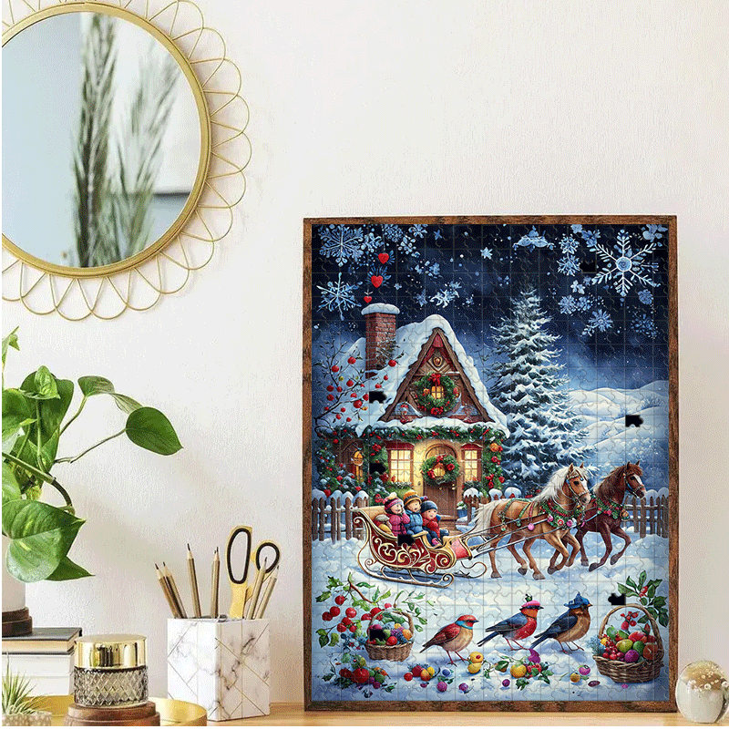 500/1000pcs Winter Village Jigsaw Puzzle for Adults & Families - Large-Scale Snowy Cottage, Sleigh & Horse-Drawn Carriage with 1000pcs (500 Optional) - Challenging Brain Teaser, Christmas/Birthday Gift, DIY Home Decor Puzzle