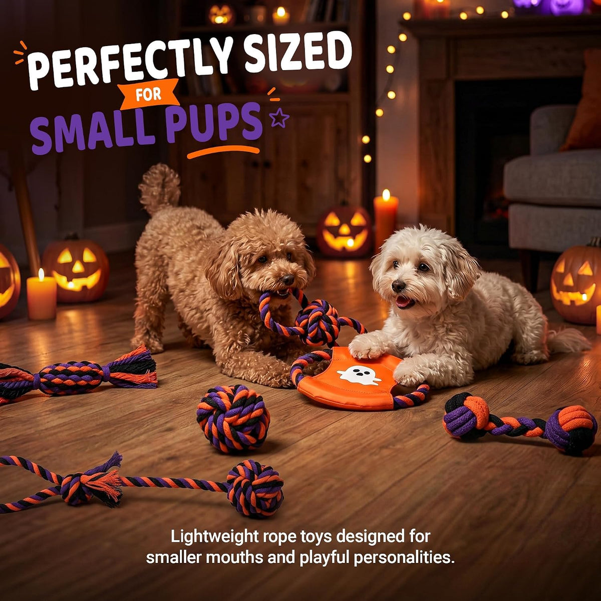 Halloween Dog Toys 8-Pack for Small Dogs — 8 Dog Rope Toys + Frisbee | Halloween Dog Toys Pack | Benefits Dog Rescue