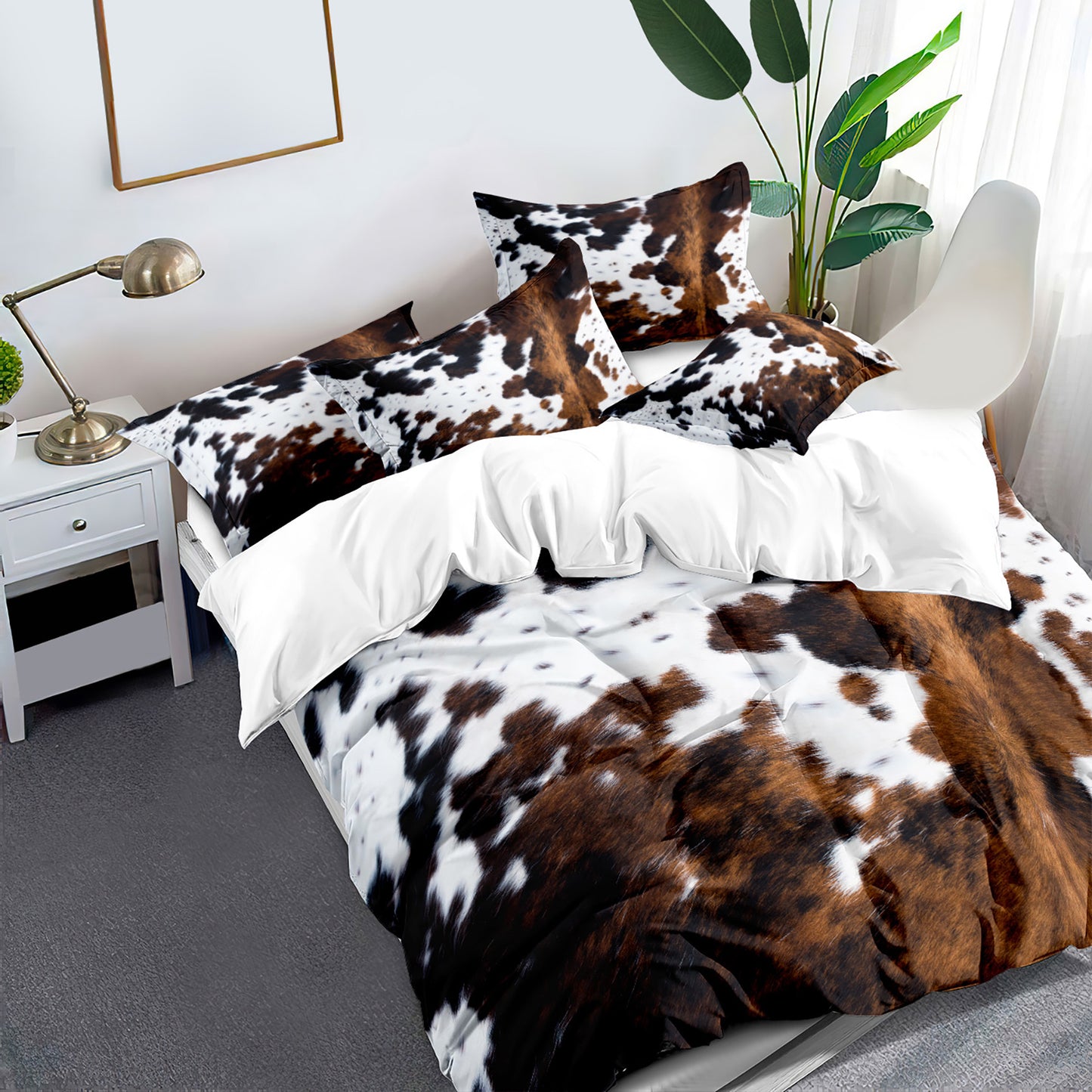 Brown And Black Cow Pattern Yak Leather Bedding Set with Washable Ultra-Fine Microfiber Duvet Cover, Soft And Comfortable, Does Not Include The Down Comforter, Available in 2 Or 3pcs Sets.