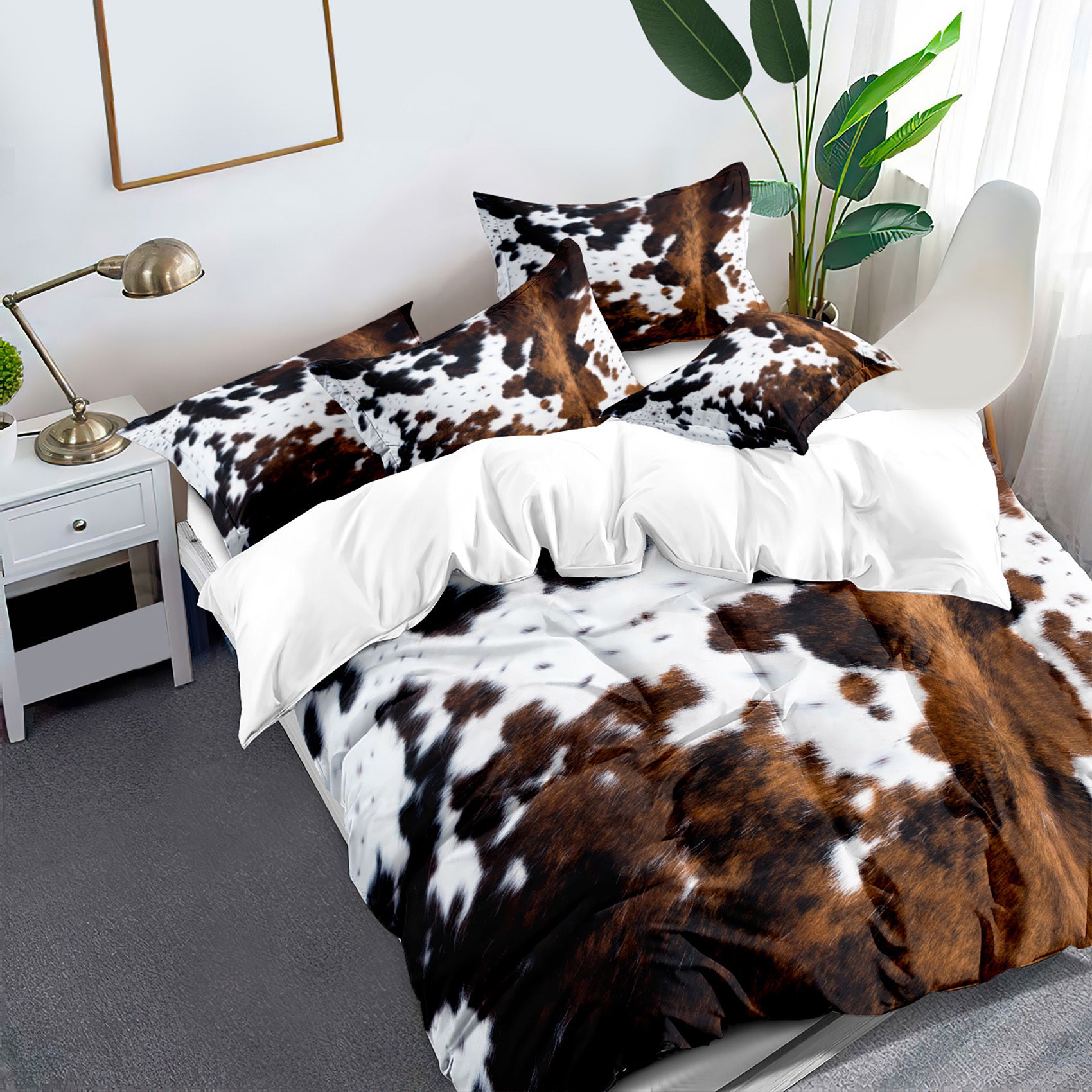 Brown And Black Cow Pattern Yak Leather Bedding Set with Washable Ultra-Fine Microfiber Duvet Cover, Soft And Comfortable, Does Not Include The Down Comforter, Available in 2 Or 3pcs Sets.