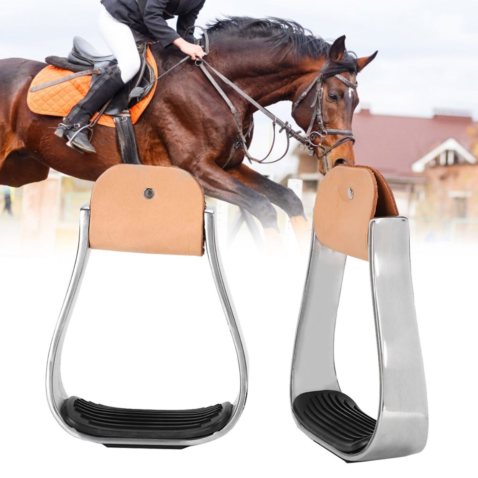1 Pair Equestrian Aluminum Alloy Stirrups with Cushioned Leather Pads - Durable Horse Riding Saddle Tack Overshoes, Black