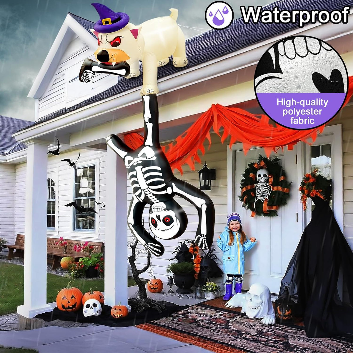 8FT LED Illuminated Halloween Inflatable Dog Pulling Skeleton Decor
