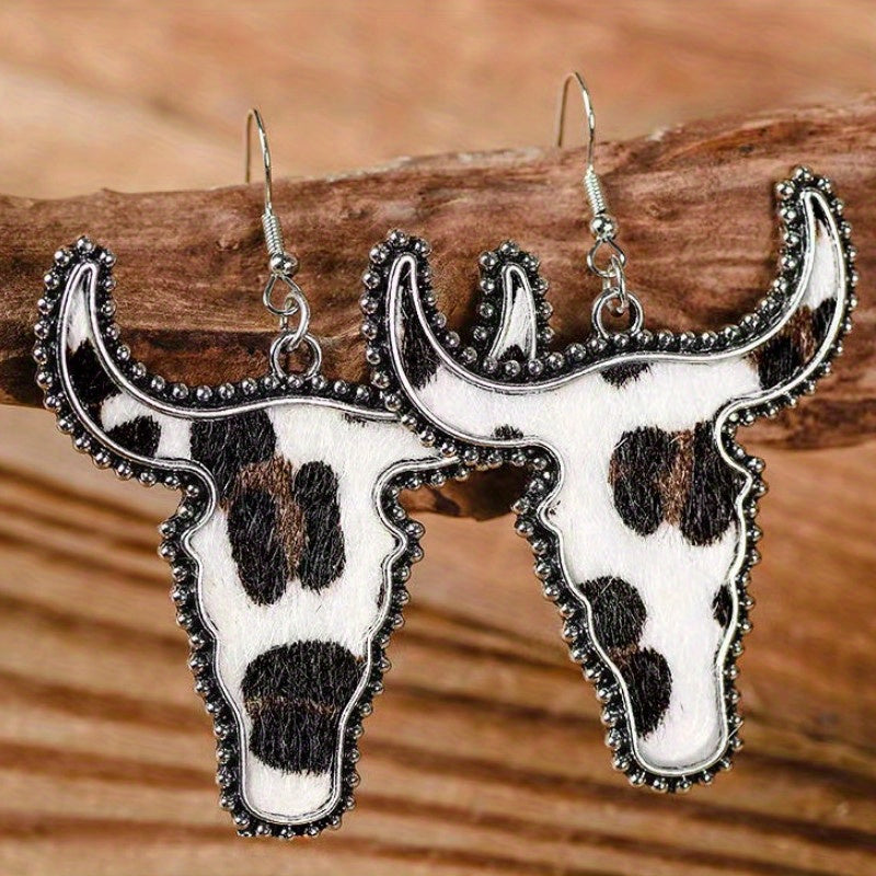 Flocking Cow/ Leopard Pattern Bull Head Design Dangle Earrings Retro Ethnic Style Western Holiday Earrings