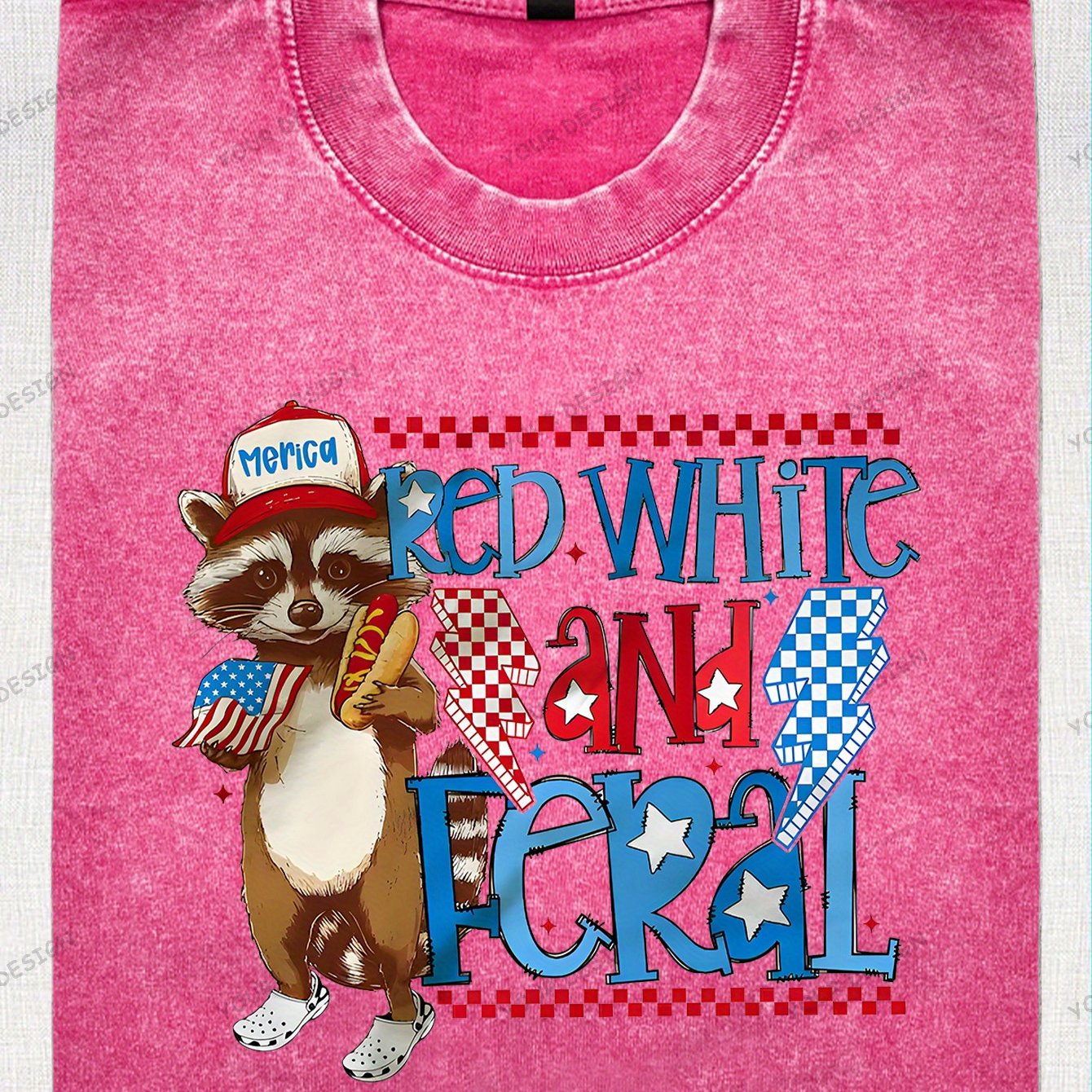 230G Washed Old Cotton T-Shirt, Fashionable 4Th of July, Wild Raccoon, American Flag Design, Independence Day, Dad'S Gift, Relaxed Street Style.