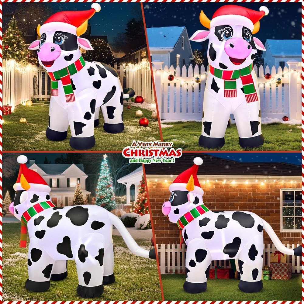 5.6FT Inflatable Cow Farm Animals for Christmas Outdoor Decorations with Built-in LED Lights - Festive Yard Decor for Holiday Parties and Indoor Garden Use