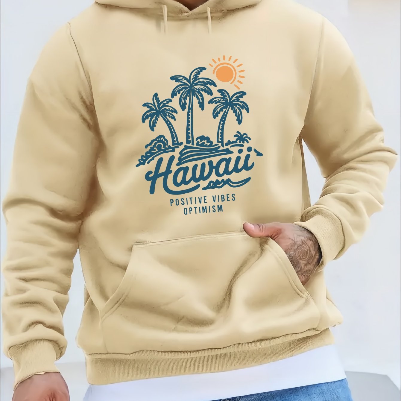 Men'S Casual Long Sleeve Hoodie, 100% Polyester Knit Fabric, Winter Warmth with "Hawaii Positive Vibes Optimism" Print, Regular Fit with Slight Stretch, 200gsm - Fashionable Gift for Men