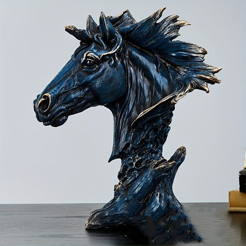 1pc Resin Horse Head Sculpture Decor, Elegant Blue Equestrian Statue, For Bookshelf Home Living Room Office Cabinet Tabletop Entryway Decor, Room Decor, Home Decor, Gifts