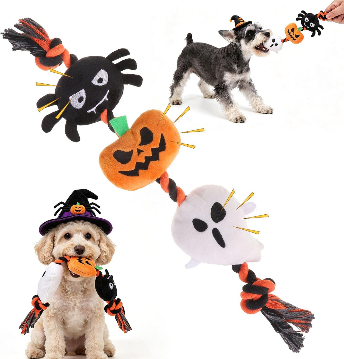 Halloween Squeaky Dog Toy for Small Dog to Keep Them Busy, Interactive Dog Rope Toy with 3 Squeakers, Funny Plush Stuffed Toys for Puppy Pet Tug of War Playing Training, Pumpkin+Spider+Ghost
