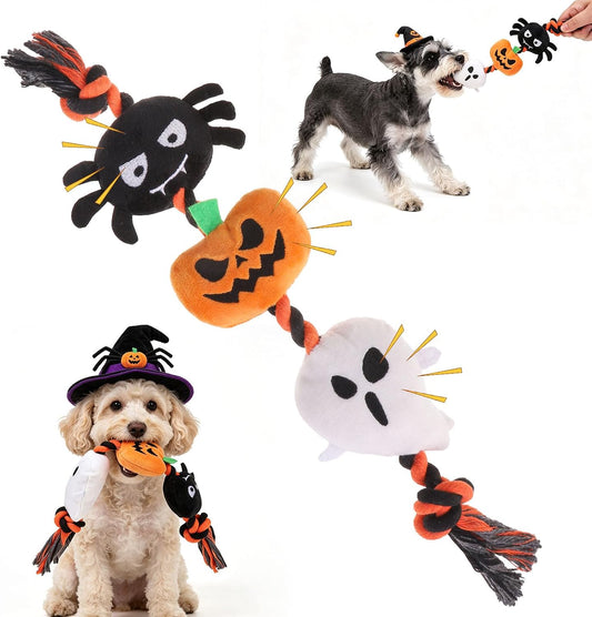 Halloween Squeaky Dog Toy for Small Dog to Keep Them Busy, Interactive Dog Rope Toy with 3 Squeakers, Funny Plush Stuffed Toys for Puppy Pet Tug of War Playing Training, Pumpkin+Spider+Ghost