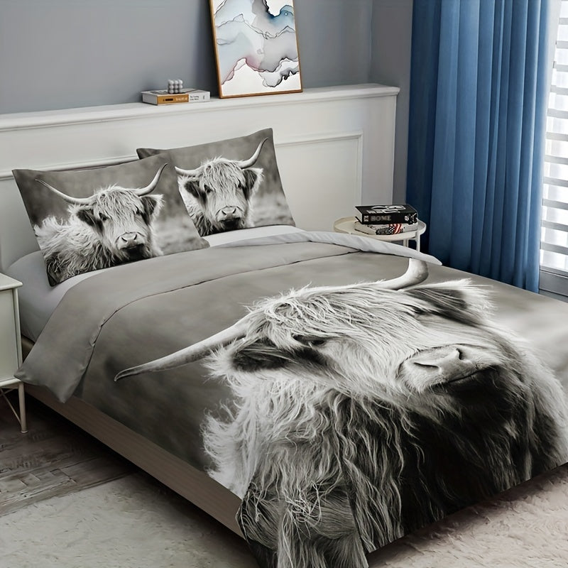 3pcs Stylish Countryside Highland Cow High-Definition Digital Printed bedding