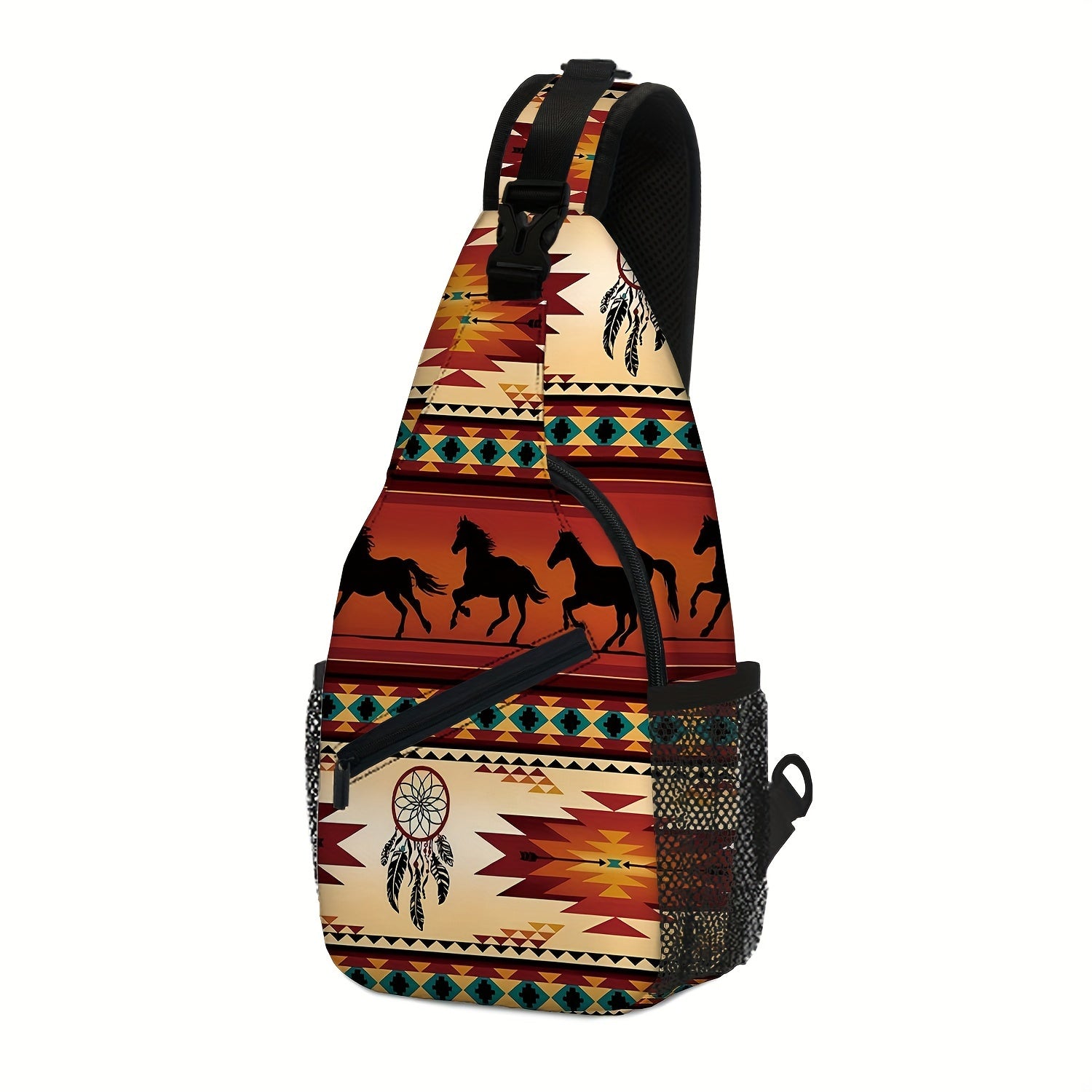 Totem Style Horse Pattern Print Casual Sling Bag, Men's And Women's Crossbody Bag For Travel & Daily Commute