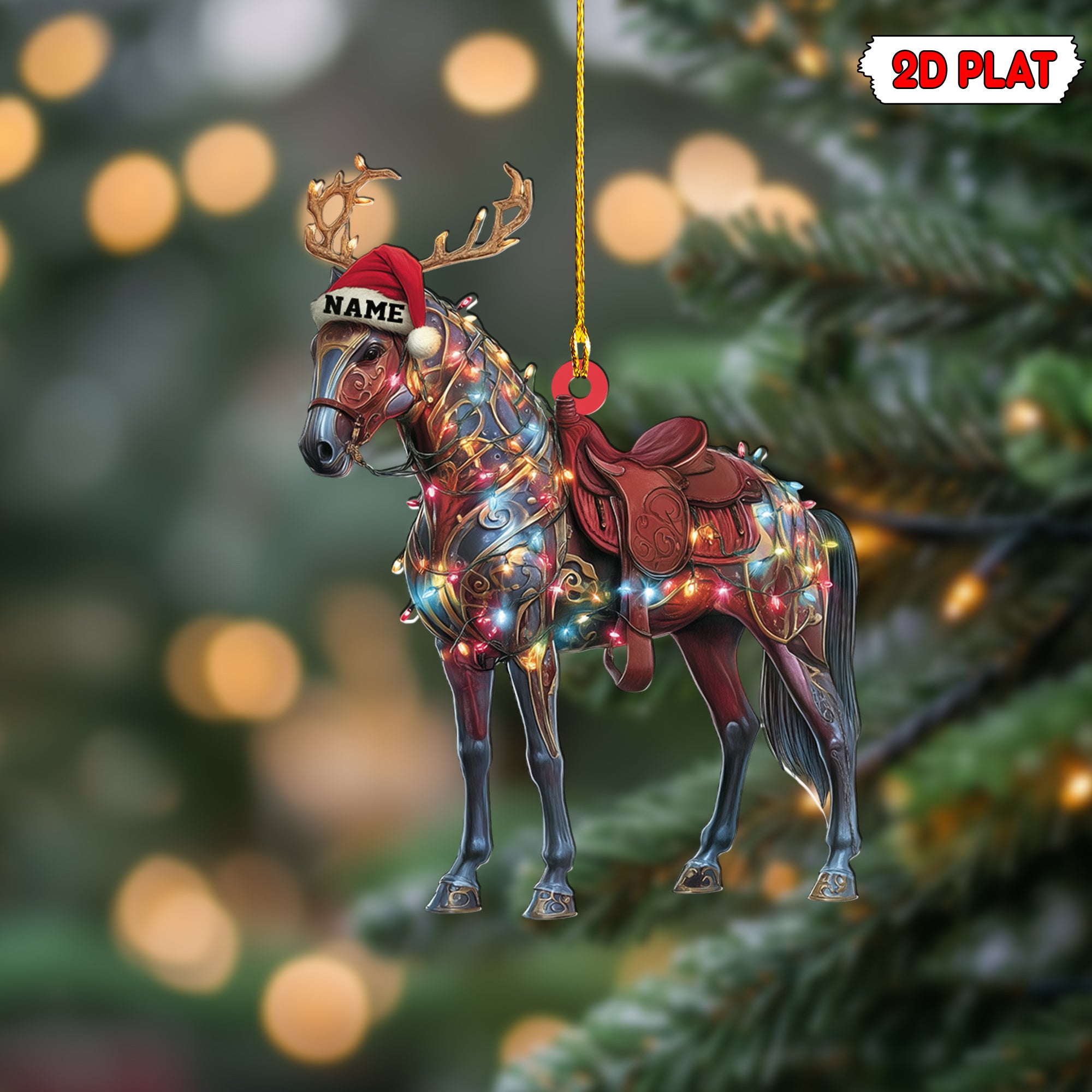 Personalized Horse Christmas Ornament – Custom Name Elegant Horse with Santa Hat, Antlers & Holiday Lights, Unique 2D Flat Acrylic Decoration Gift for Equestrians & Christmas Tree Décor