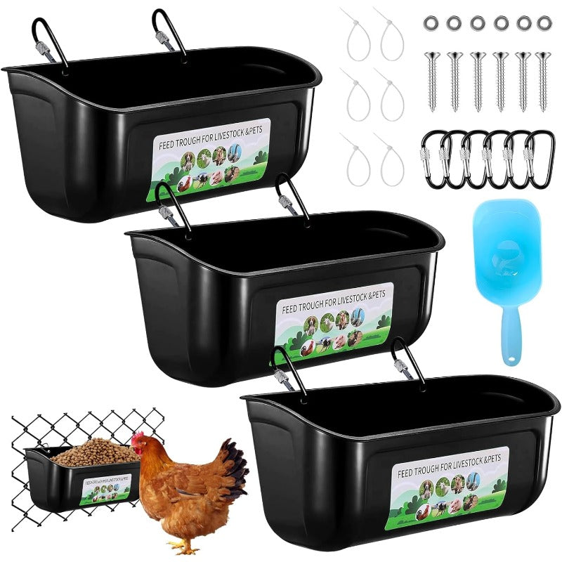 Set Of 1/2 Goat Feeders, Duck And Chicken Feeders And Drinkers, Hanging Fence Trough with Clips, Suitable for Goats, Sheep, Piglets, Geese, Turkeys, Dogs, And Poultry, Comes with A Feed Spoon, Black