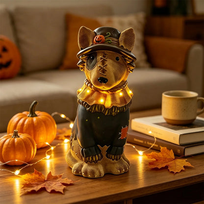 Halloween Illuminated Dog Figurine - 7.9in Scarecrow Dog Statue with Glowing Pumpkin, Waterproof Resin Table and Yard Decor