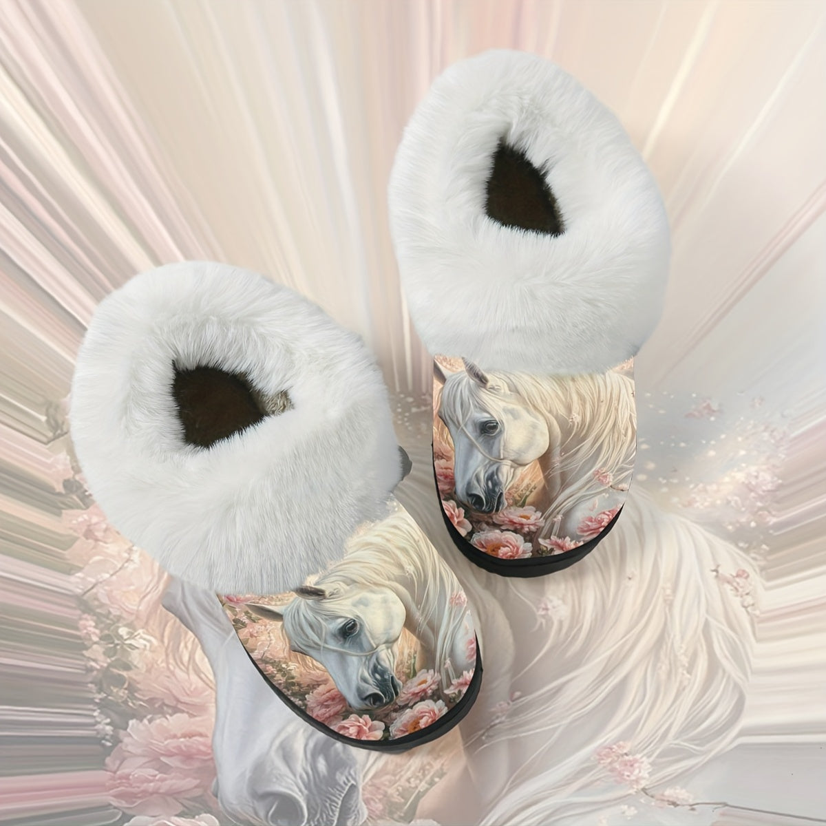 1 Pair Elegant White Horse & Floral Print Plush Slippers - Soft, Non-Slip Rubber Sole, All-Season Indoor/Outdoor House Shoes, Women'S Birthday/Christmas/Halloween Gift - Cozy Home Footwear for Women, Horse Lover Gifts, Indoor
