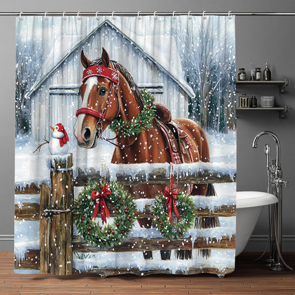 1pc Large Horse-Themed Christmas Shower Curtain - Winter Snowy Barn & Red Truck Design with Wreaths, Snowman, Holly Berries - Washable Bathroom Decor (70.8"x70.8") with 12 Hooks - Farmhouse Holiday Bath Curtain for Horses, 2D