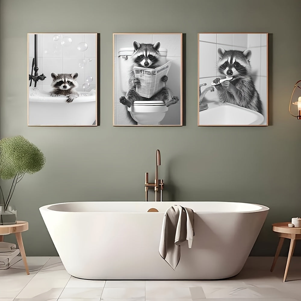Set of 3 Raccoon Canvas Wall Art Prints - Modern Art Deco Animal Theme, Contemporary Portrait Orientation Black and White Posters for Bathroom, Bedroom, Living Room Decor, Unframed Indoor Hanging Decor
