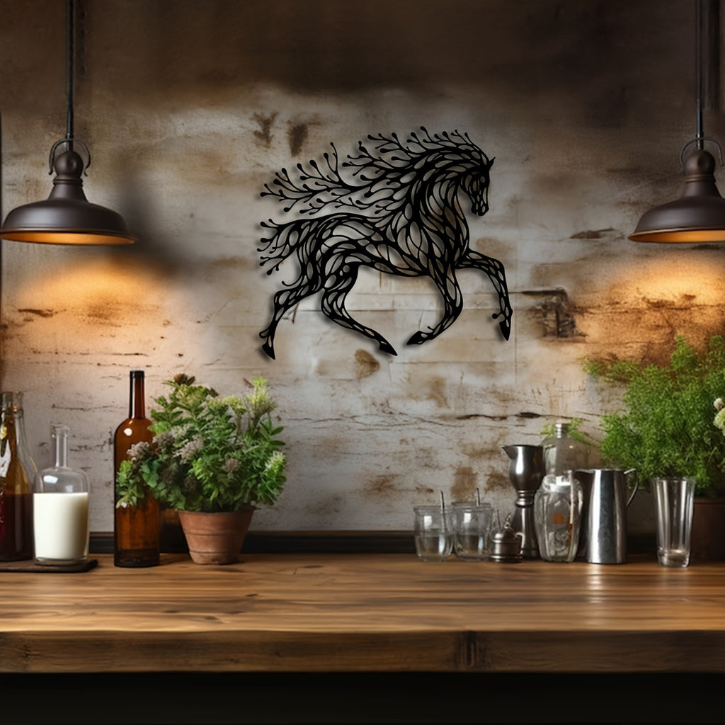 1pc Handcrafted Metal Horse Wall Art - Unique Equestrian Theme Decor for Rustic Farmhouse, Home Office, and Outdoor Spaces - Perfect Wildlife Lover Gift with Trendy Black Tree Design