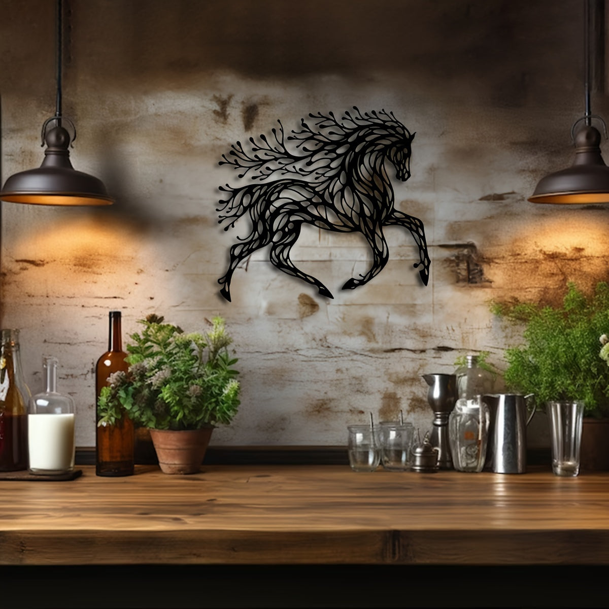 1pc Handcrafted Metal Horse Wall Art - Unique Equestrian Theme Decor for Rustic Farmhouse, Home Office, and Outdoor Spaces - Perfect Wildlife Lover Gift with Trendy Black Tree Design