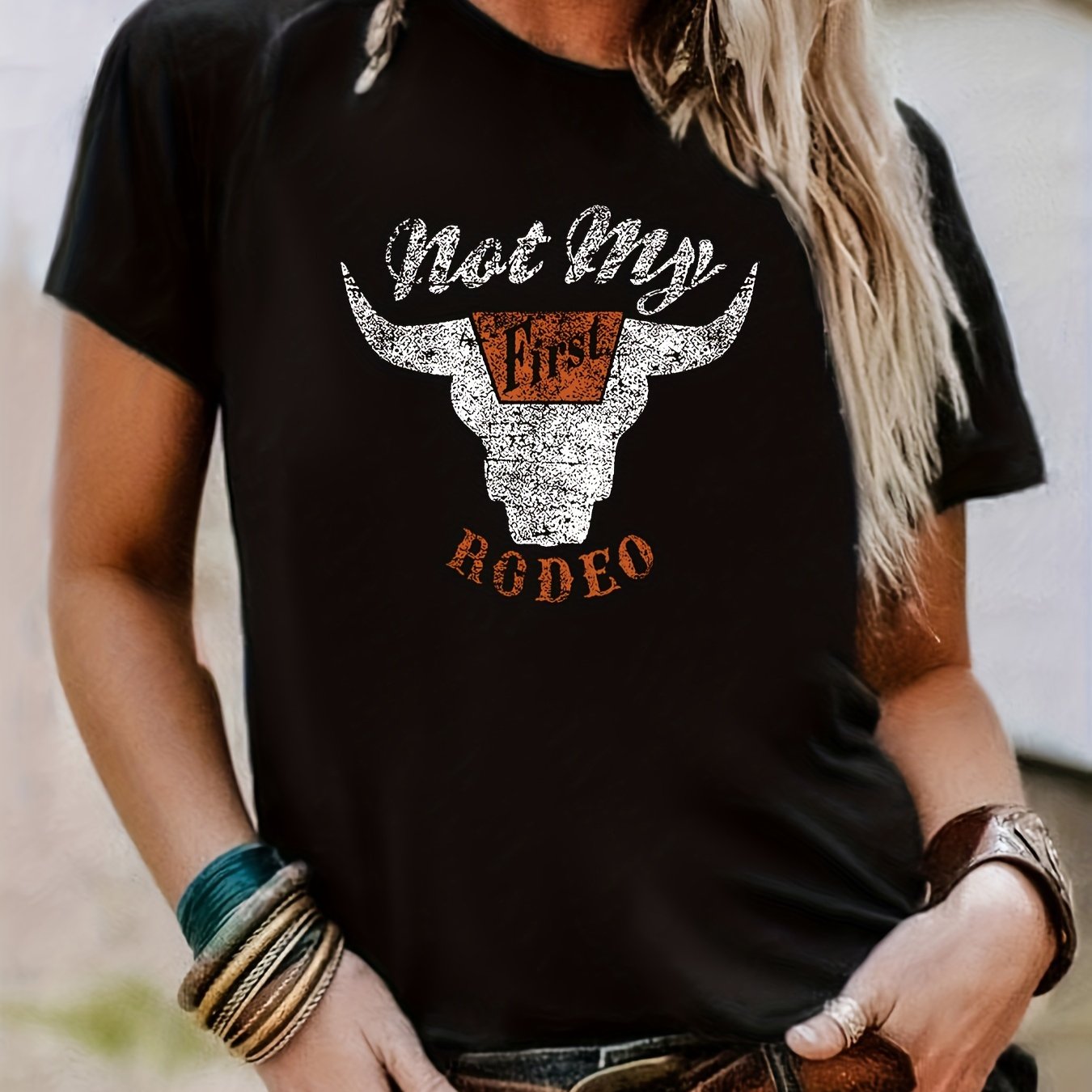 Rodeo Cow Head Print T-shirt, Casual Crew Neck Short Sleeve T-shirt, Women's Clothing