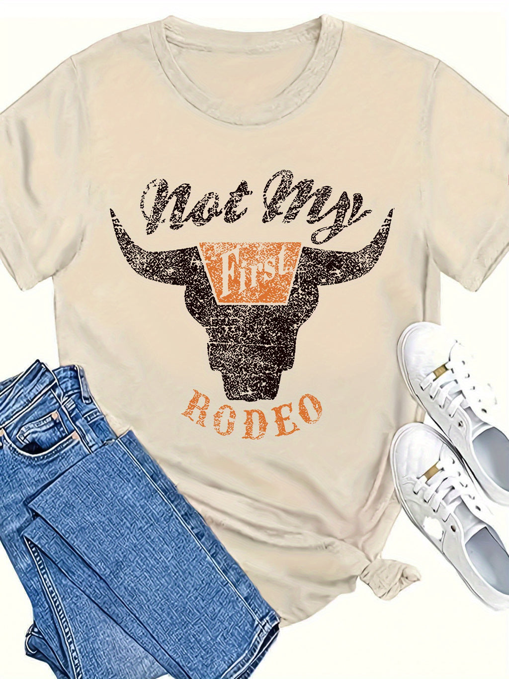 Rodeo Cow Head Print T-shirt, Casual Crew Neck Short Sleeve T-shirt, Women's Clothing