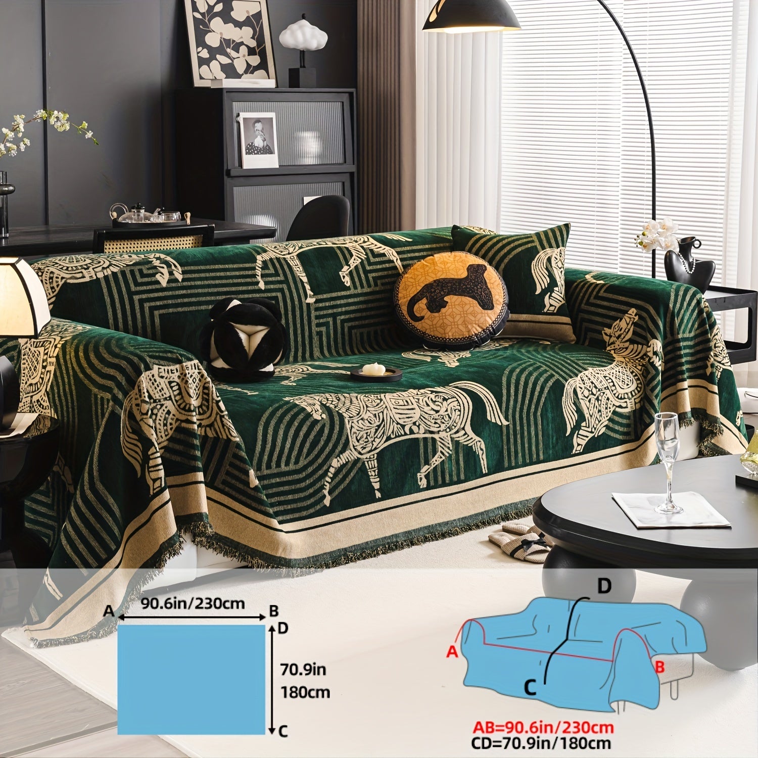 Luxurious Chenille Sofa Cover with Horse Design - Dual-Tone, Pet-Friendly & Machine Washable for Armchairs to L-Shaped Couches - Modern Home Decor Gift