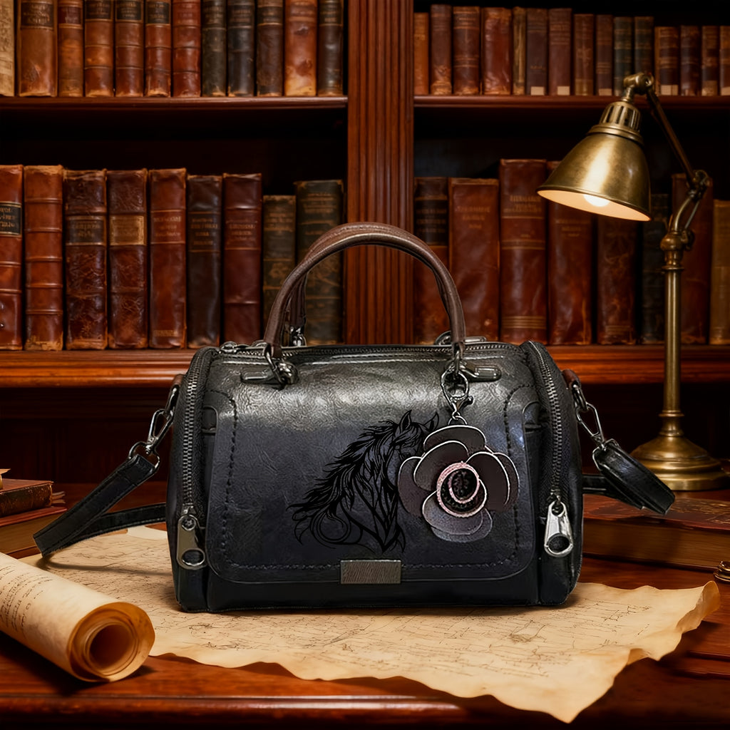 1pc Retro Handbag | Horse Pattern Classic Single-Shoulder Bag with Rose Pendant, Crossbody, Lining, Zipper Closure, Adjustable Strap, Suitable for Commuting, Business Trips, Light Luxury Small Bag, Christmas Gift