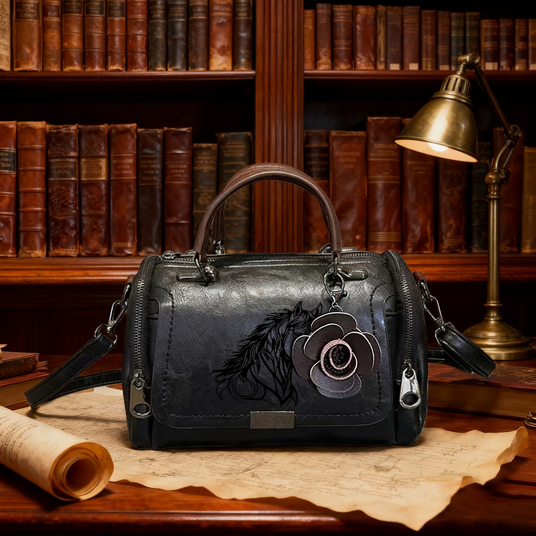 1pc Retro Handbag | Horse Pattern Classic Single-Shoulder Bag with Rose Pendant, Crossbody, Lining, Zipper Closure, Adjustable Strap, Suitable for Commuting, Business Trips, Light Luxury Small Bag, Christmas Gift