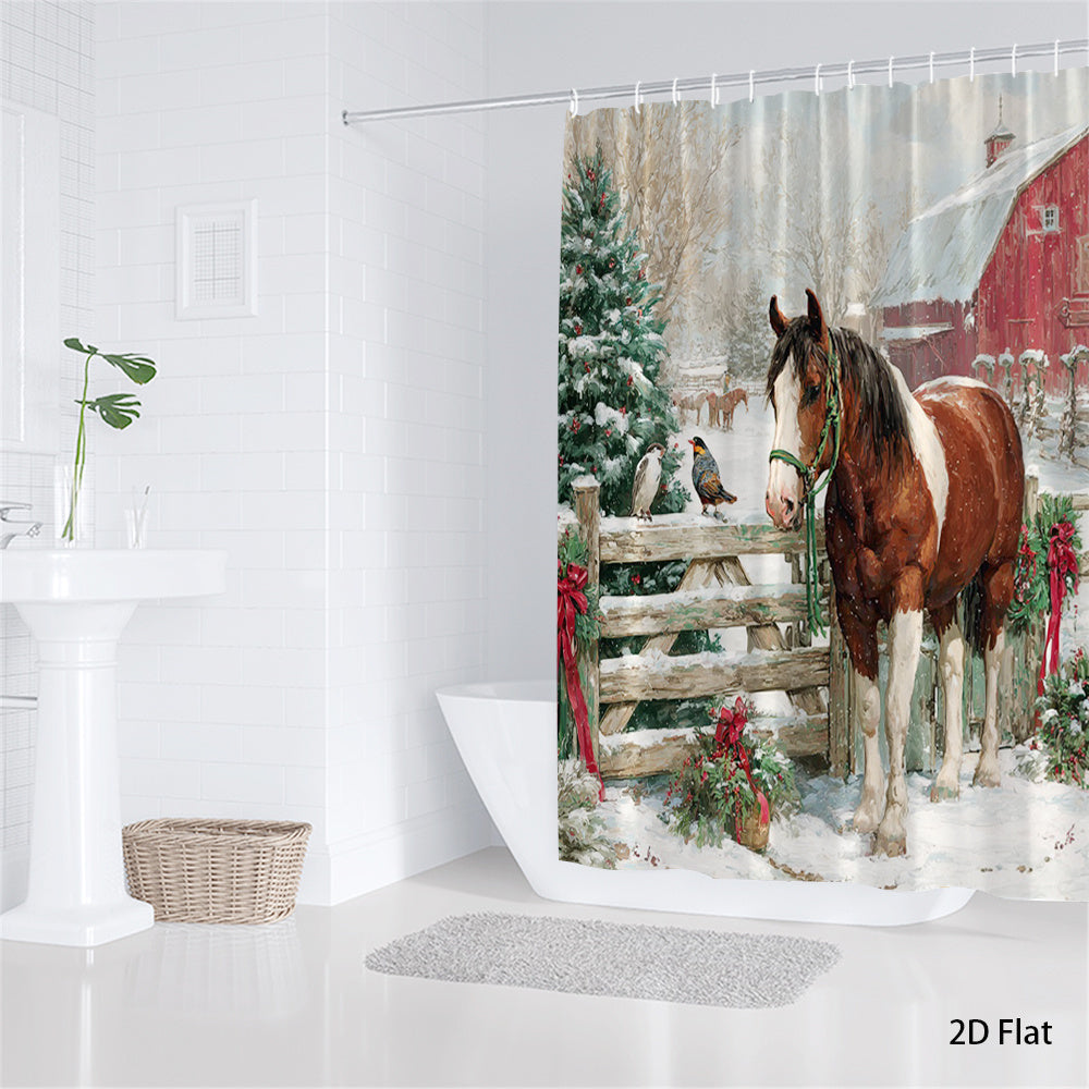 1pc Extra Long Christmas Horse and Barn Shower Curtain - Winter Farmhouse Bathroom Decor with Brown Horse, Red Barn & Snowy Landscape - Rustic Country Bathroom Window Treatment - Machine Washable Polyester Fabric Bath Curtain