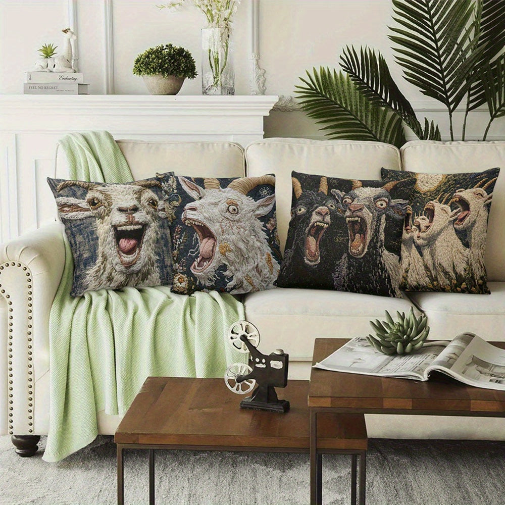 4pcs Screaming Goat Funny Design Throw Pillow Covers - Double-Sided Print, 4 Unique Patterns, Modern Home Decor for Sofa Bedroom Living Room, Zipper Closure, Machine Washable (No Insert), Decorative Pillows