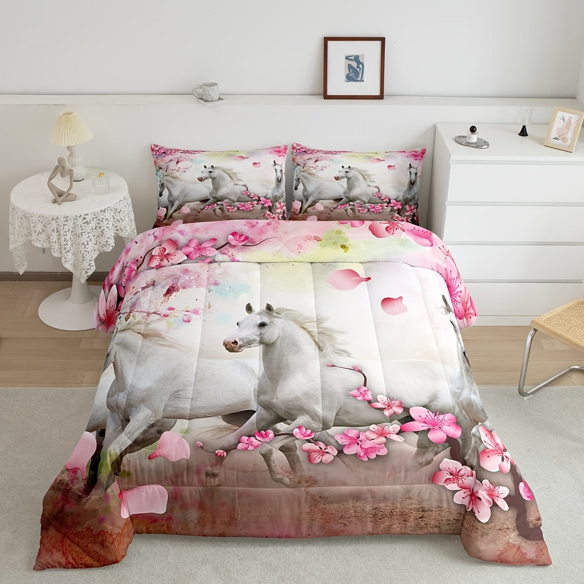 [3D Printed Horse Comforter] Fashion 3D Printed Wildlife Horse Bedding Set with Pillowcase, Soft and Comfortable Breathable Comforter Set Suitable for Guest Room Decor, Perfect Gift for Valentine's Day Housewarming