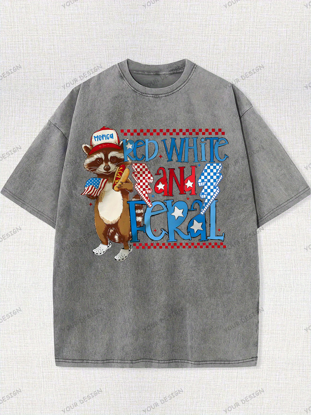 230G Washed Old Cotton T-Shirt, Fashionable 4Th of July, Wild Raccoon, American Flag Design, Independence Day, Dad'S Gift, Relaxed Street Style.