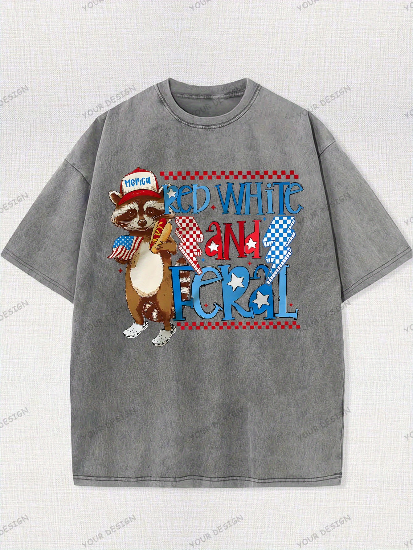 230G Washed Old Cotton T-Shirt, Fashionable 4Th of July, Wild Raccoon, American Flag Design, Independence Day, Dad'S Gift, Relaxed Street Style.