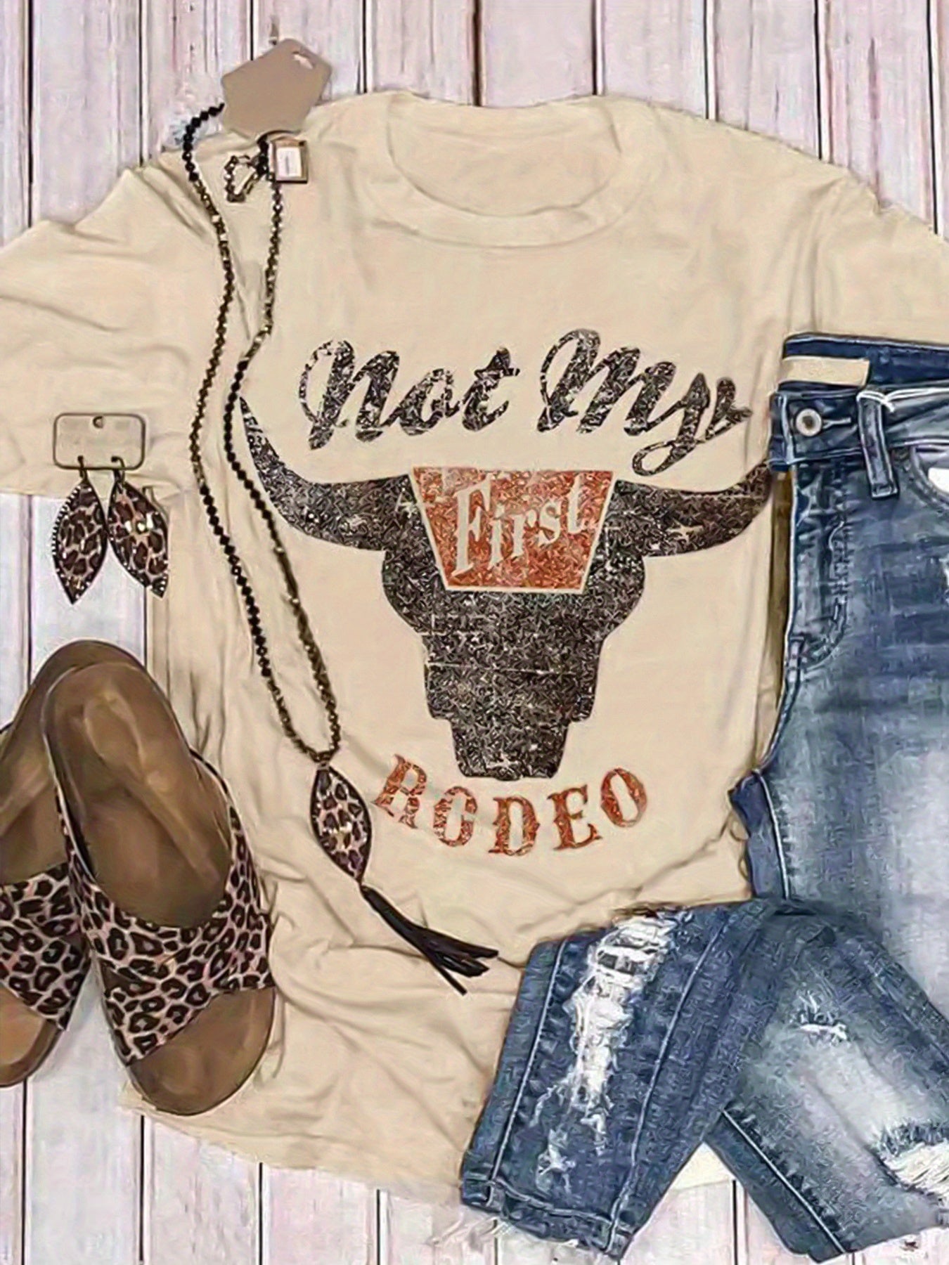 Rodeo Cow Head Print T-shirt, Casual Crew Neck Short Sleeve T-shirt, Women's Clothing