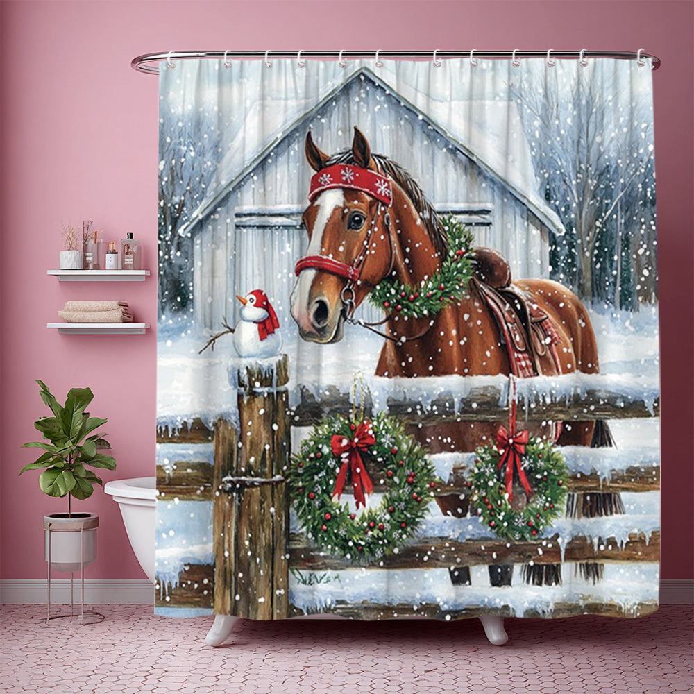 1pc Large Horse-Themed Christmas Shower Curtain - Winter Snowy Barn & Red Truck Design with Wreaths, Snowman, Holly Berries - Washable Bathroom Decor (70.8"x70.8") with 12 Hooks - Farmhouse Holiday Bath Curtain for Horses, 2D