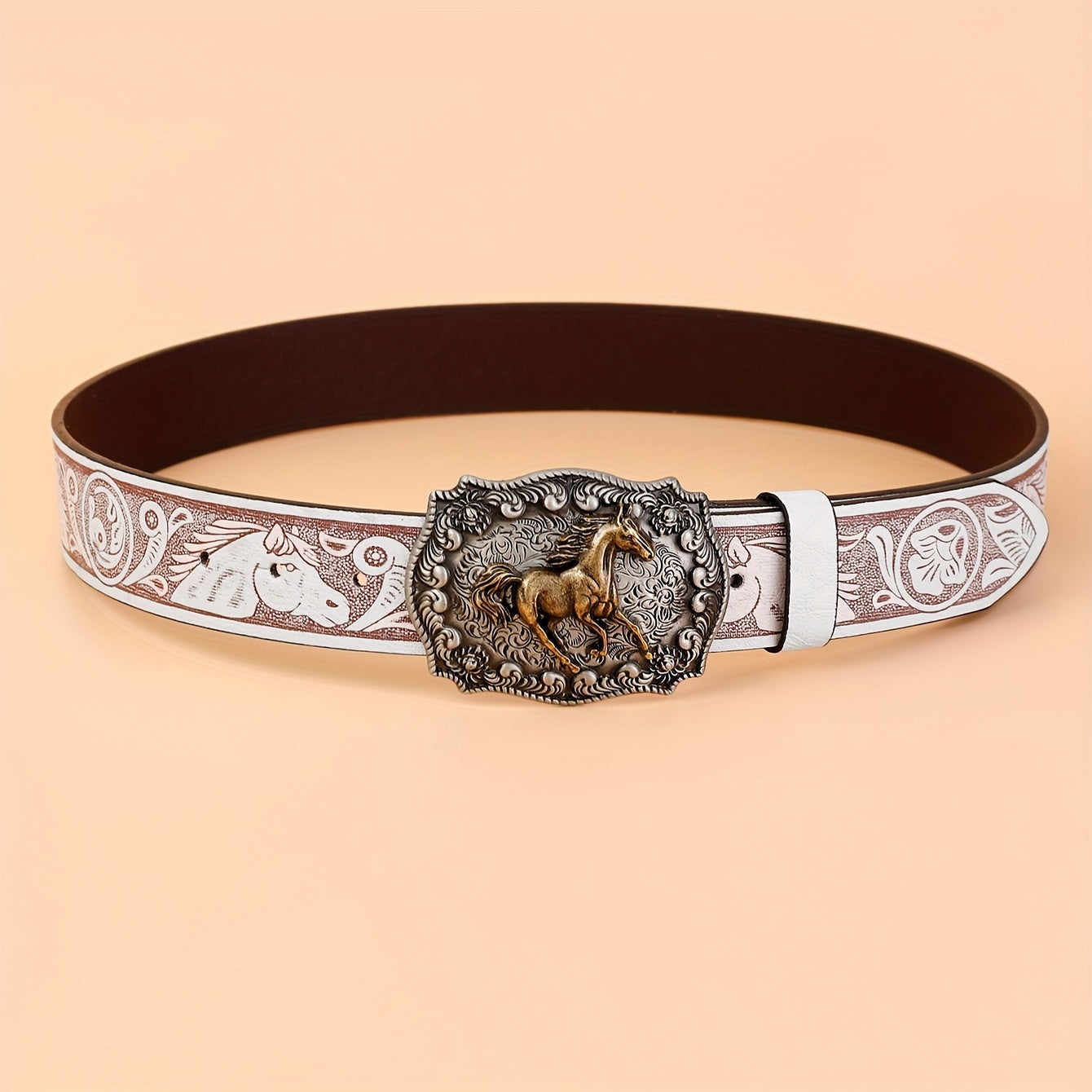 Western Horse Carved Buckle Belts Vintage Embossed Solid Color PU Waistband Classic Cowboy Cowgirl Jeans Pants Belt For Women & Men