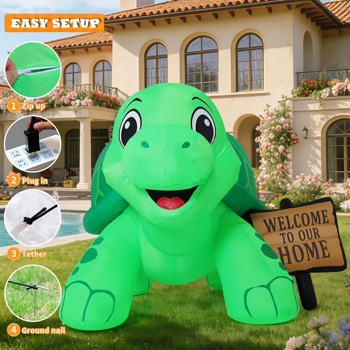 5 FT Inflatable Tortoise Outdoor Decoration with Welcome Sign and Built-in LEDs for Garden and Lawn Parties