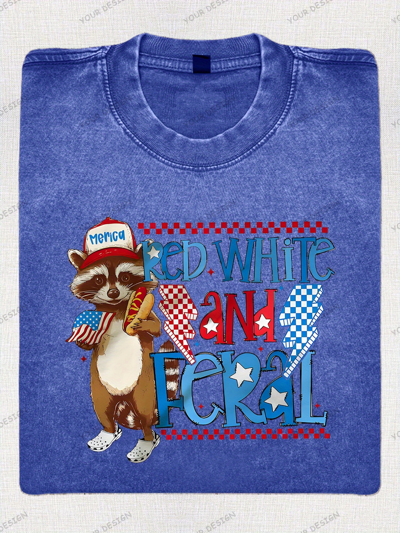 230G Washed Old Cotton T-Shirt, Fashionable 4Th of July, Wild Raccoon, American Flag Design, Independence Day, Dad'S Gift, Relaxed Street Style.