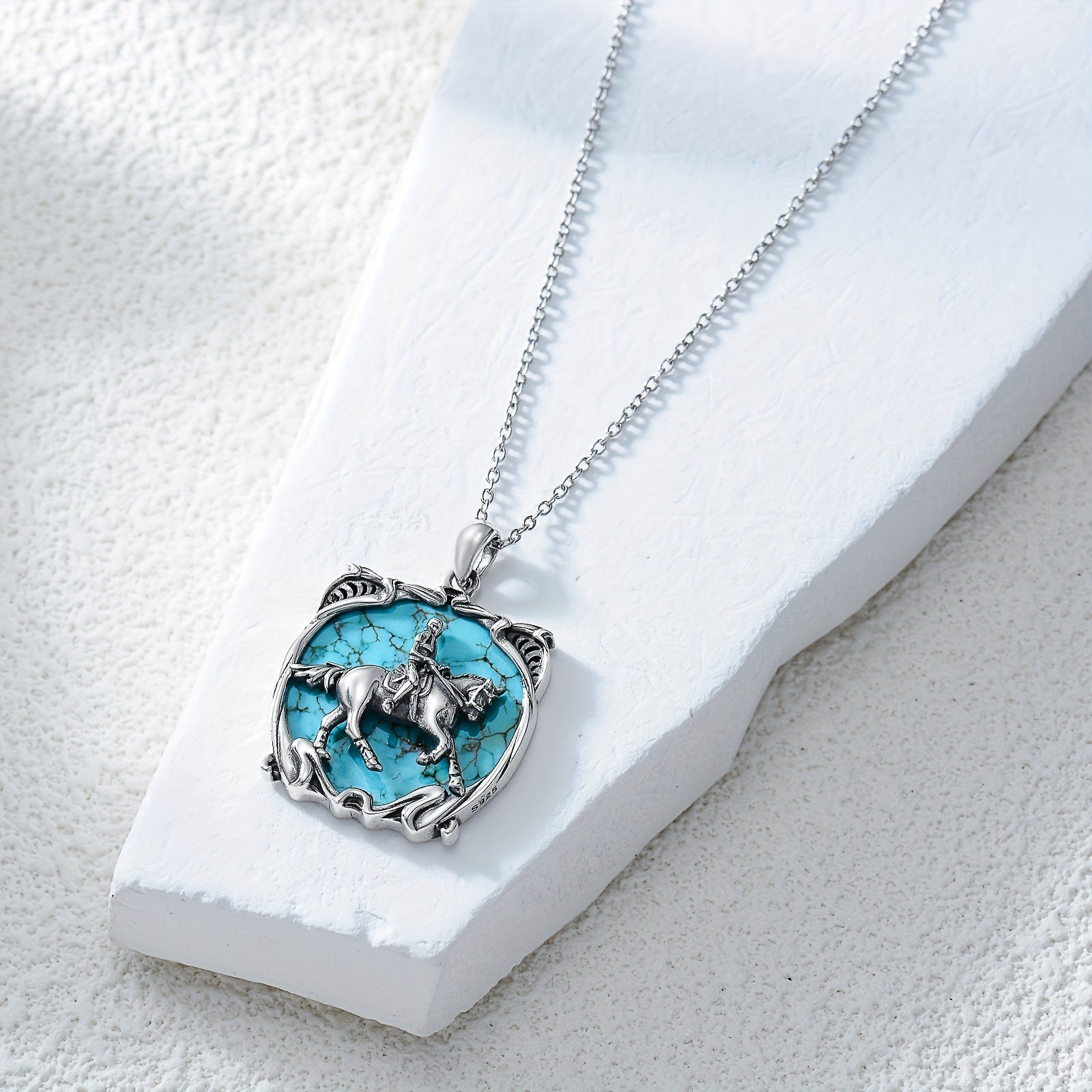 Turquois Horse Necklace For Women 925 Sterling Silver Genuine Turquoise Gemstone Horse And Women Pendant Horse Jewelry Gift Birthday Mother's Day