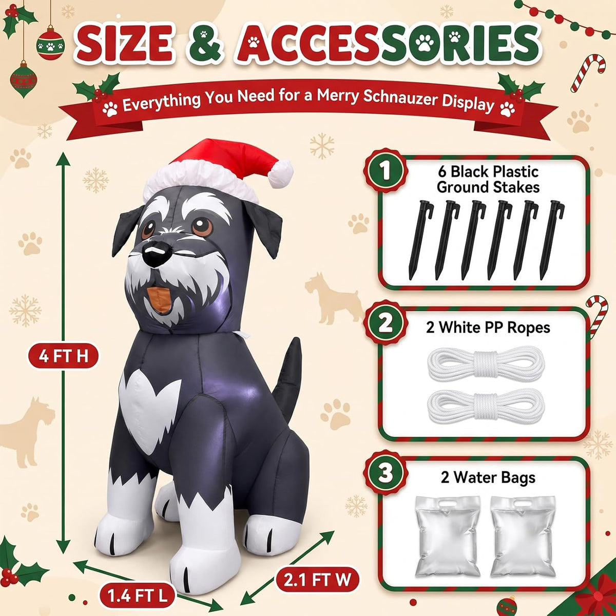 4-Foot Inflatable Schnauzer Dog Christmas Decoration with LED Lighting for Outdoor Use