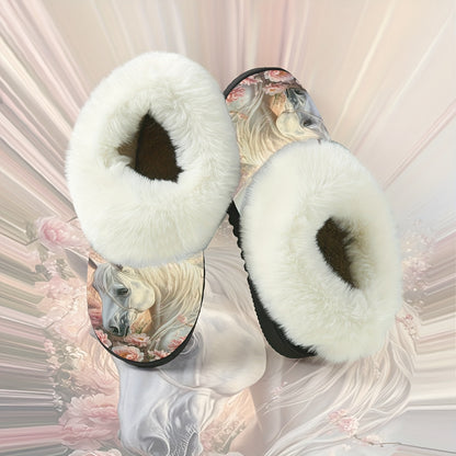 1 Pair Elegant White Horse & Floral Print Plush Slippers - Soft, Non-Slip Rubber Sole, All-Season Indoor/Outdoor House Shoes, Women'S Birthday/Christmas/Halloween Gift - Cozy Home Footwear for Women, Horse Lover Gifts, Indoor