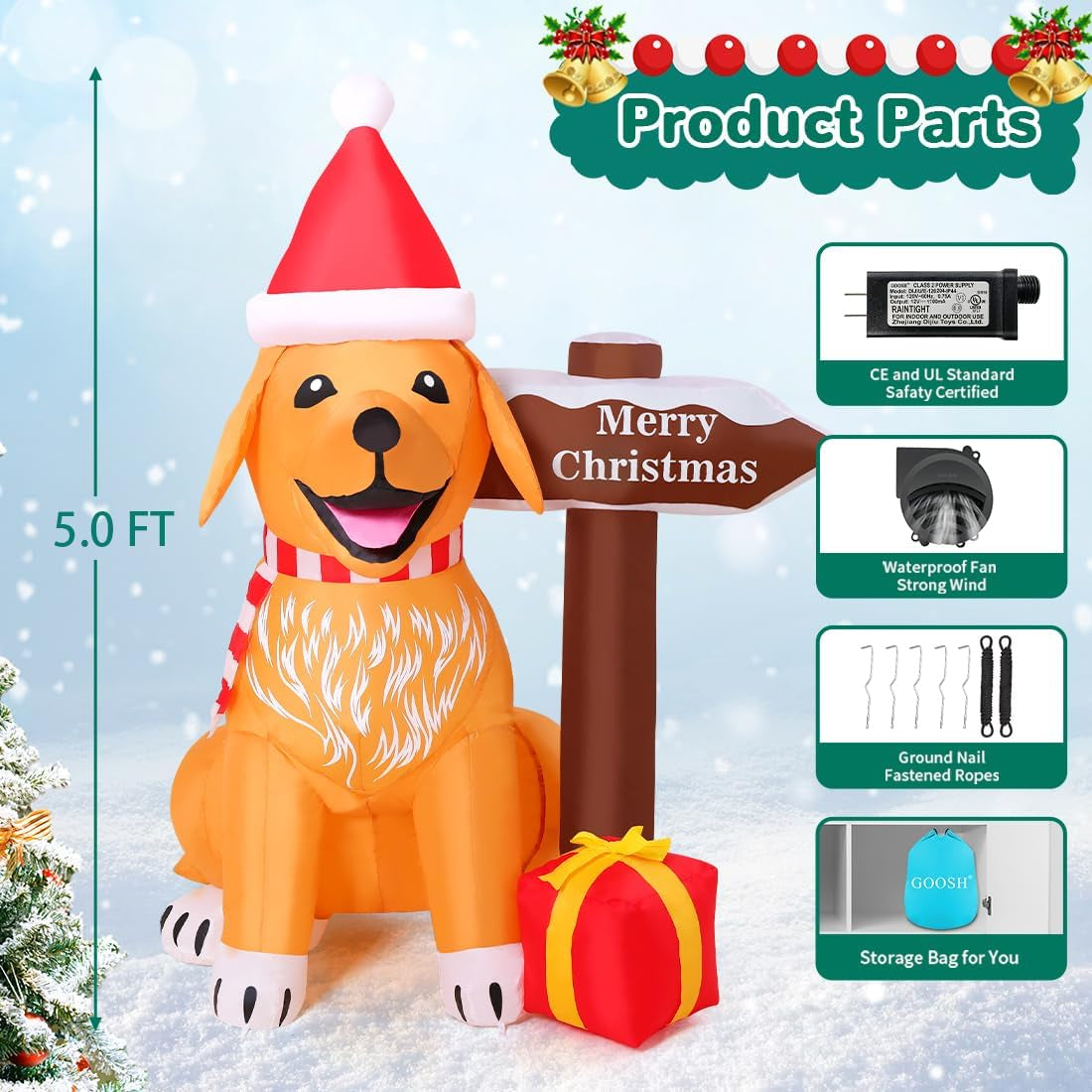 5 FT Inflatable Golden Retriever Christmas Decoration with LED Street Sign for Outdoor and Indoor Holiday Decor