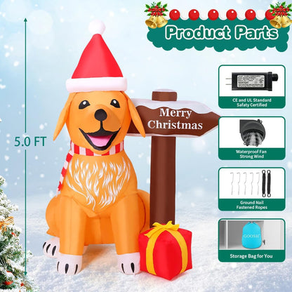 5 FT Inflatable Golden Retriever Christmas Decoration with LED Street Sign for Outdoor and Indoor Holiday Decor