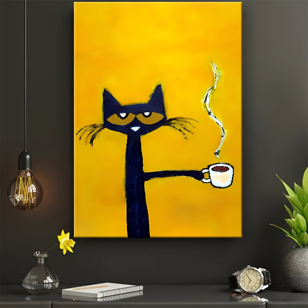 1pc Modern Cat Canvas Art with Wooden Frame – Whimsical Cartoon-Style Black Cat Holding Coffee Cup – Yellow Background, Warm Tones, Unique Animal Wall Decor for Living Room, Bedroom, or Home Office, Cat Decor