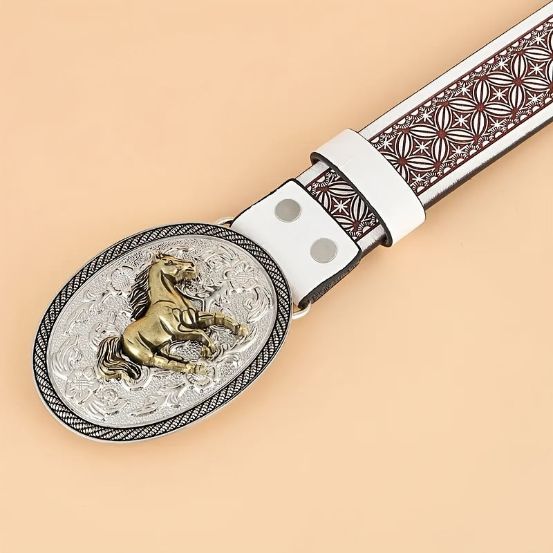 Fashionable Womens Oval Horse Buckle Belt - Embossed White Leather - Perfect for Jeans - Trendy Style for Girls and Women