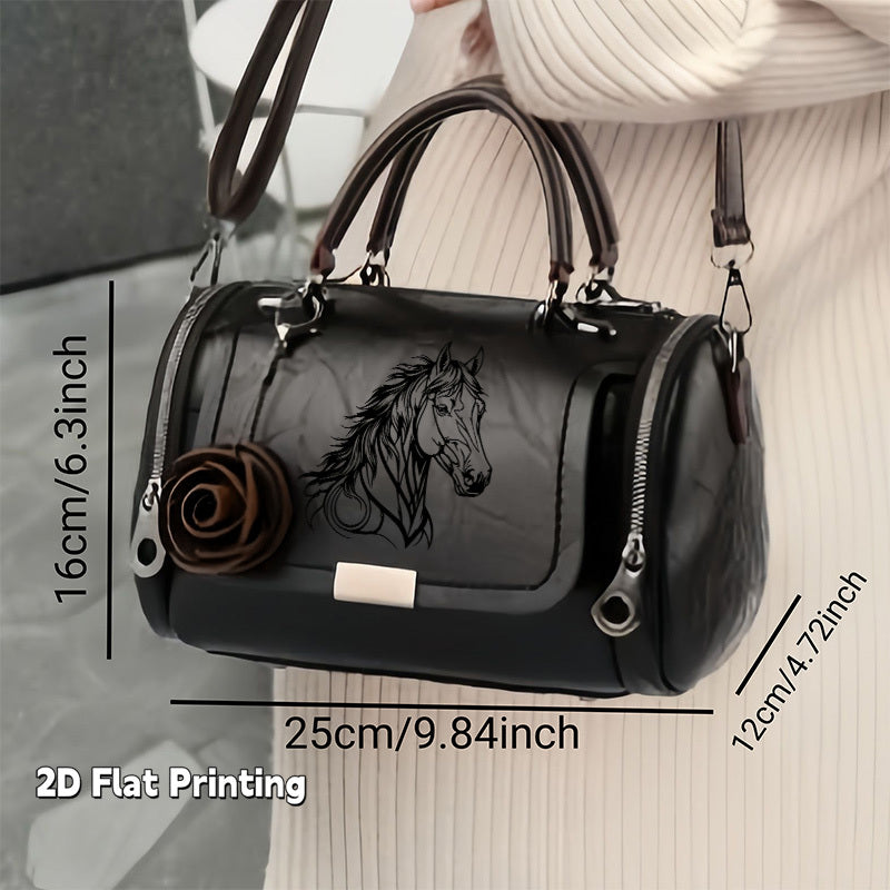 1pc Retro Handbag | Horse Pattern Classic Single-Shoulder Bag with Rose Pendant, Crossbody, Lining, Zipper Closure, Adjustable Strap, Suitable for Commuting, Business Trips, Light Luxury Small Bag, Christmas Gift